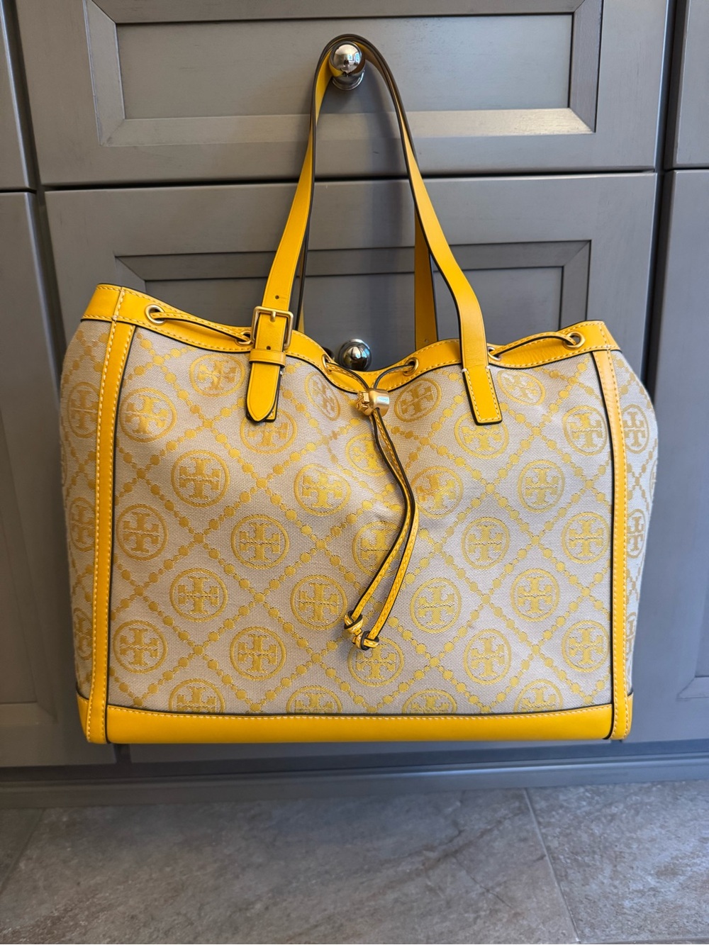 Tory Burch Yellow Logo Jacquard Drawstring Tote - Picture 2 of 5